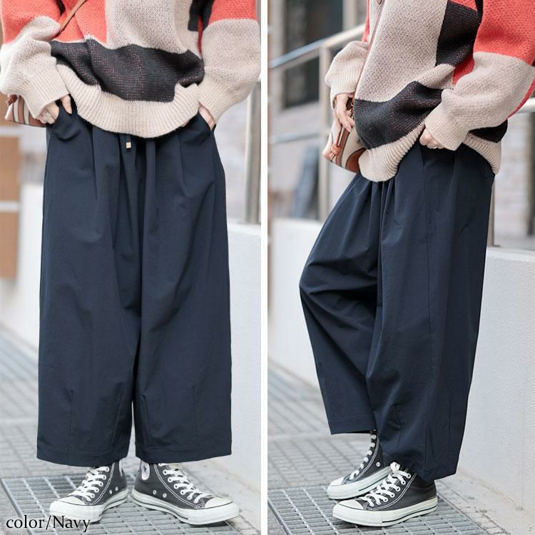 大きいサイズ レディース ストレッチタックコクーンワイドパンツ　maru-30130 ネイビー