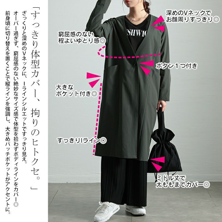 大きいサイズ レディース ストレッチノーカラーロングコート　maru-30114