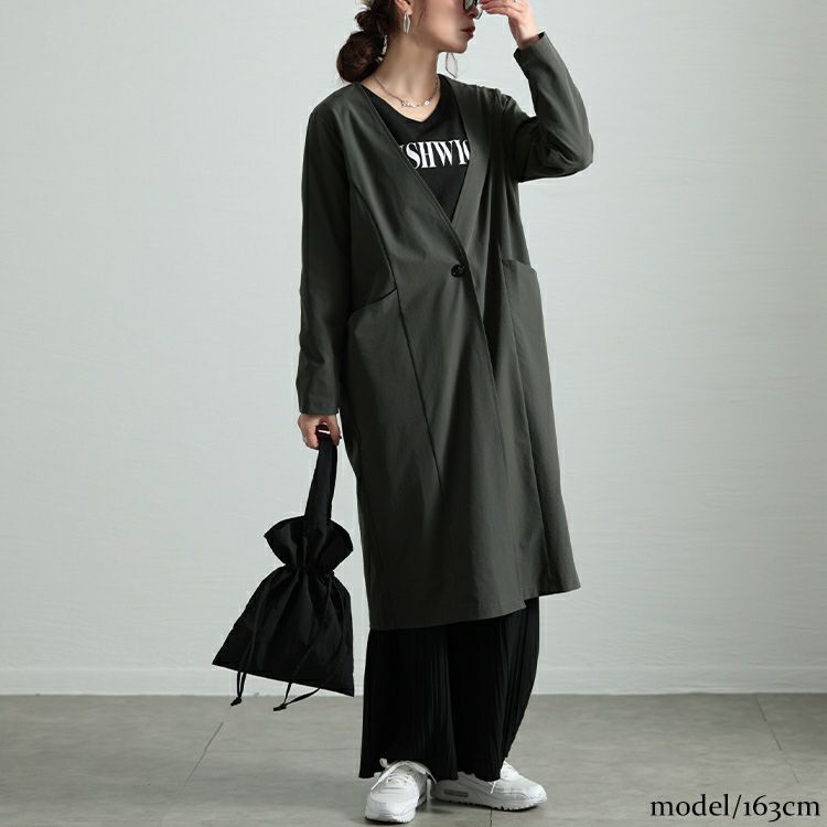 大きいサイズ レディース ストレッチノーカラーロングコート　maru-30114