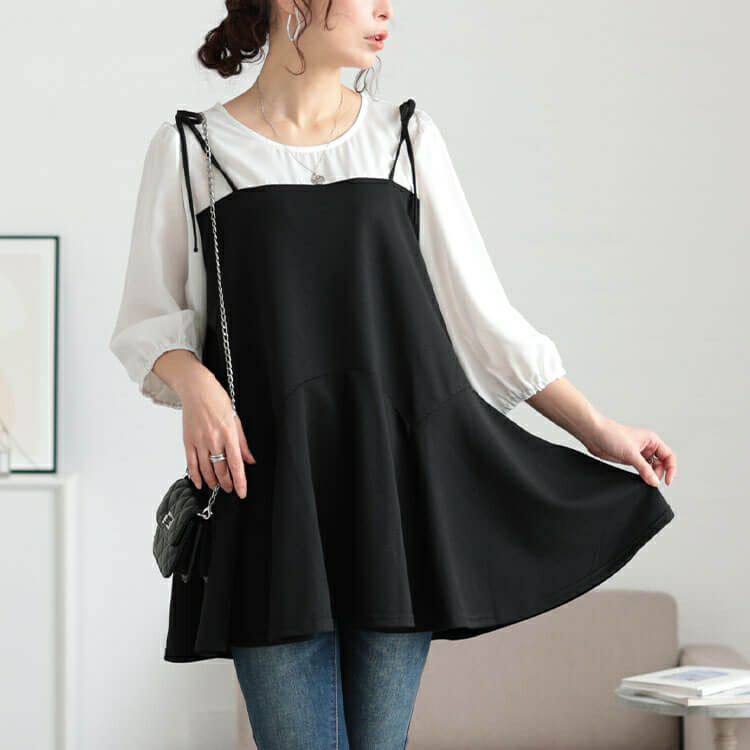 大きいサイズ レディース フェイクレイヤードペプラムキャミチュニック　fem-562
