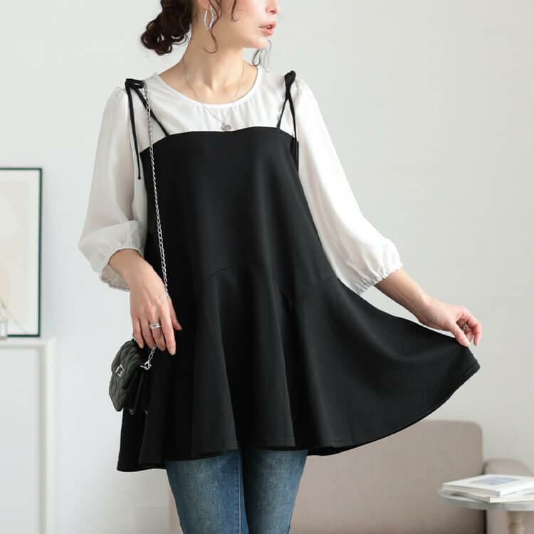 大きいサイズ レディース フェイクレイヤードペプラムキャミチュニック　fem-562 ブラック