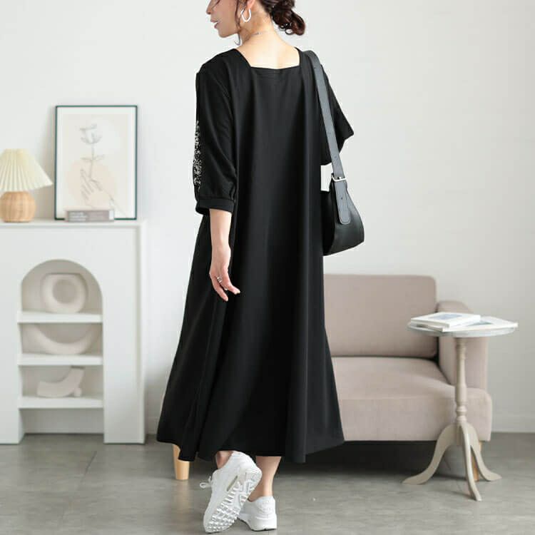 大きいサイズ レディース 前後2way花柄切り替えフレアワンピース　fem-559