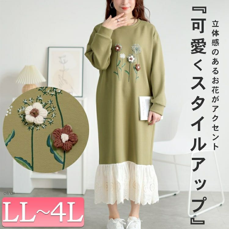 大きいサイズ レディース 裾レースフラワーモチーフスウェットワンピース　goldy-1642