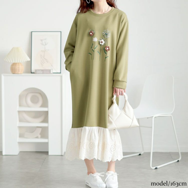 大きいサイズ レディース 裾レースフラワーモチーフスウェットワンピース　goldy-1642