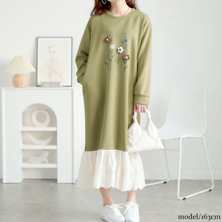 大きいサイズ レディース 裾レースフラワーモチーフスウェットワンピース　goldy-1642 グリーン