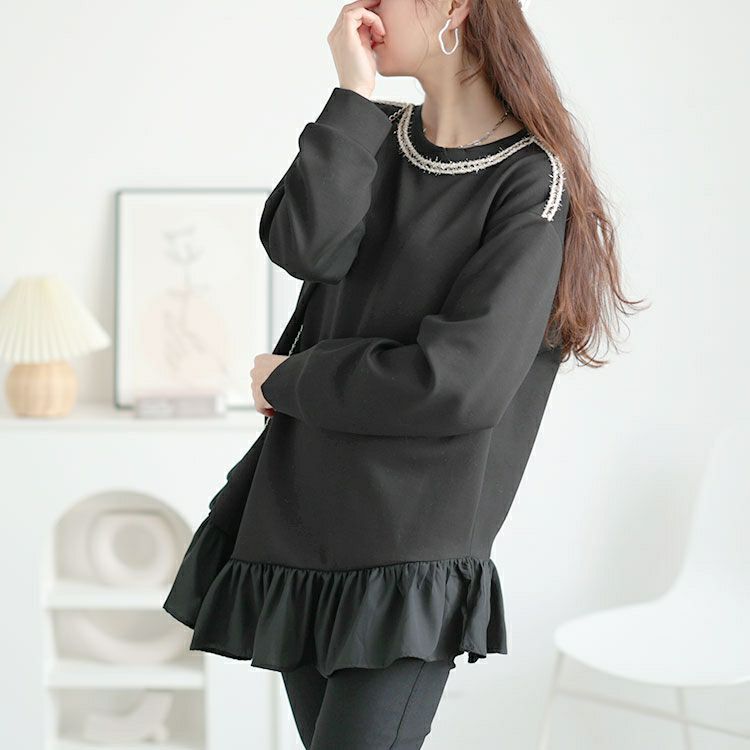 大きいサイズ レディース ラメシャギー付きアシメフリルトップス　goldy-1641