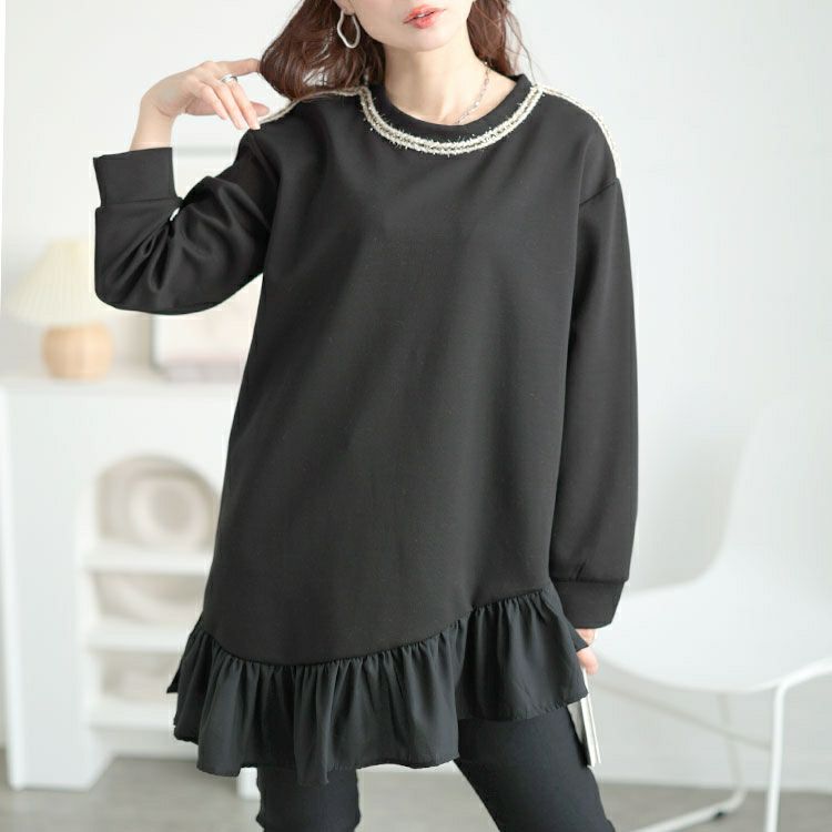 大きいサイズ レディース ラメシャギー付きアシメフリルトップス　goldy-1641