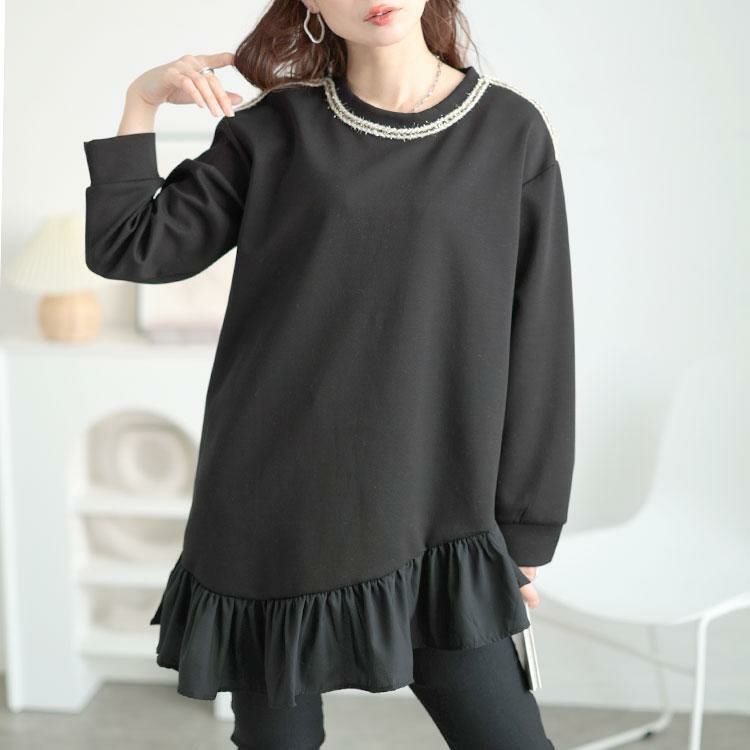 大きいサイズ レディース ラメシャギー付きアシメフリルトップス　goldy-1641 ブラック