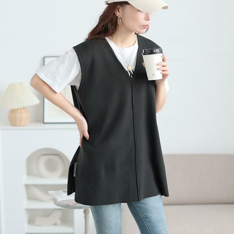 大きいサイズ レディース サイドスリット深Vネックベスト　cpdai-640651 ブラック
