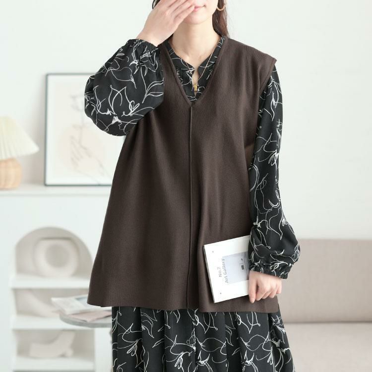 大きいサイズ レディース サイドスリット深Vネックベスト　cpdai-640651 モカ