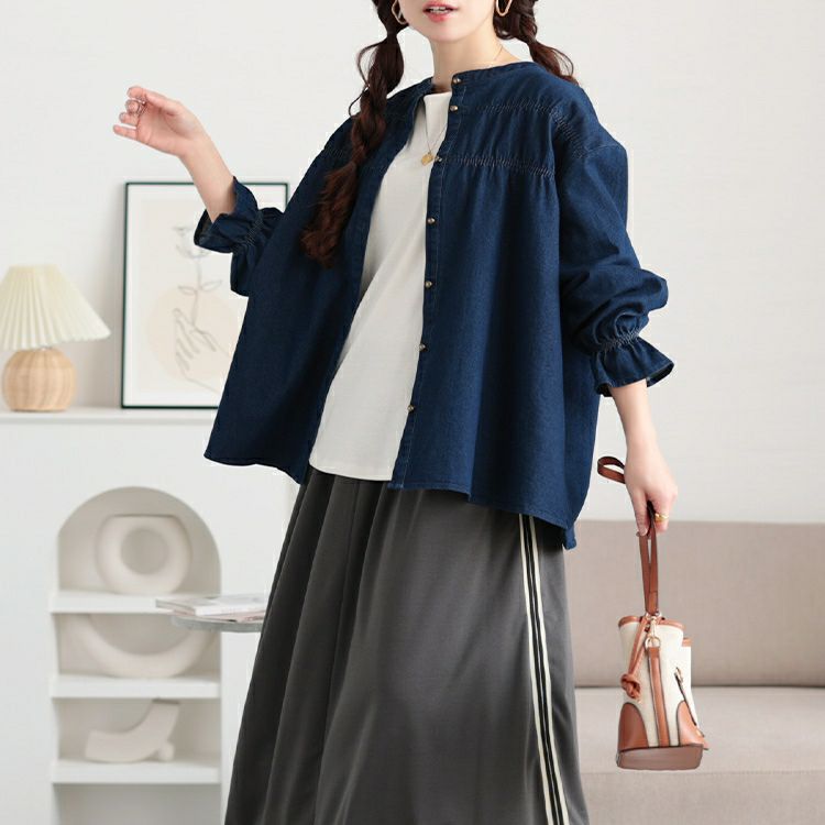 大きいサイズ レディース 胸元シャーリングデニムブラウス　cpdai-640657