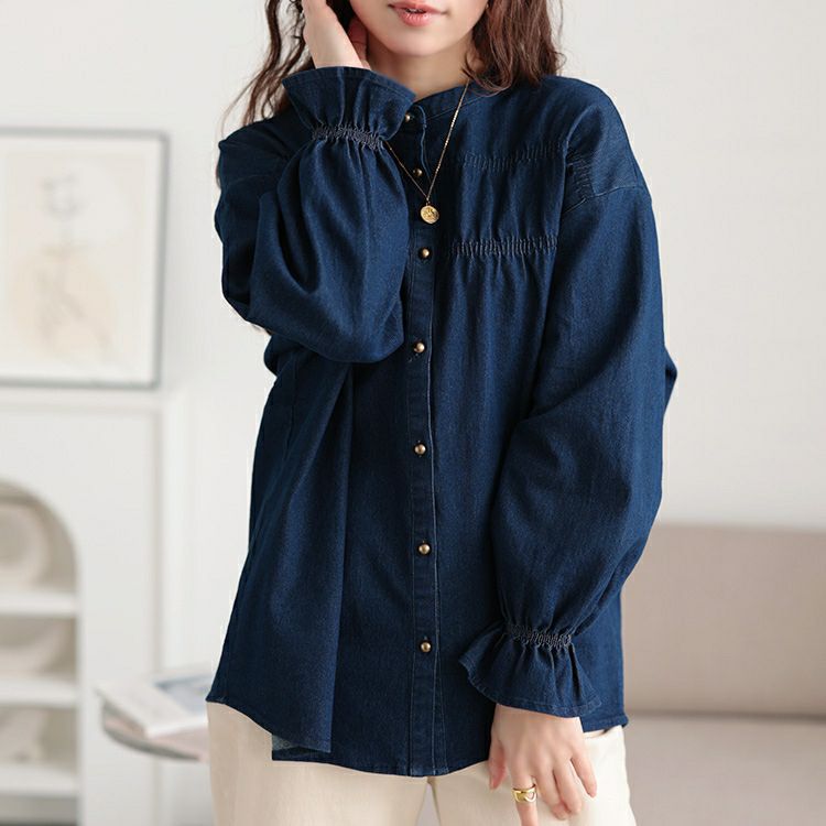 大きいサイズ レディース 胸元シャーリングデニムブラウス　cpdai-640657