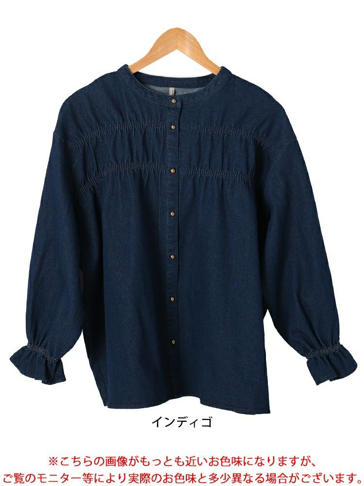 大きいサイズ レディース 胸元シャーリングデニムブラウス　cpdai-640657