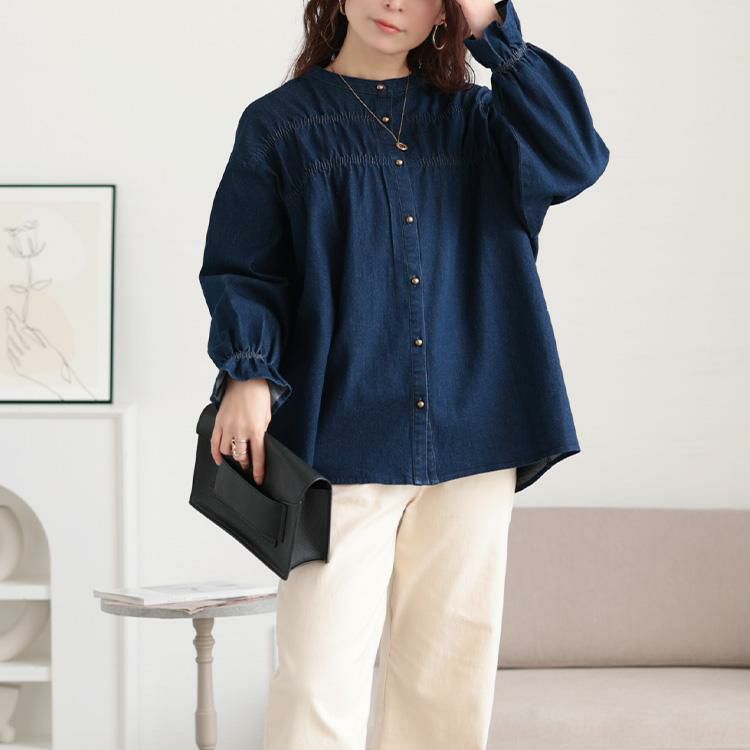 大きいサイズ レディース 胸元シャーリングデニムブラウス　cpdai-640657 インディゴ