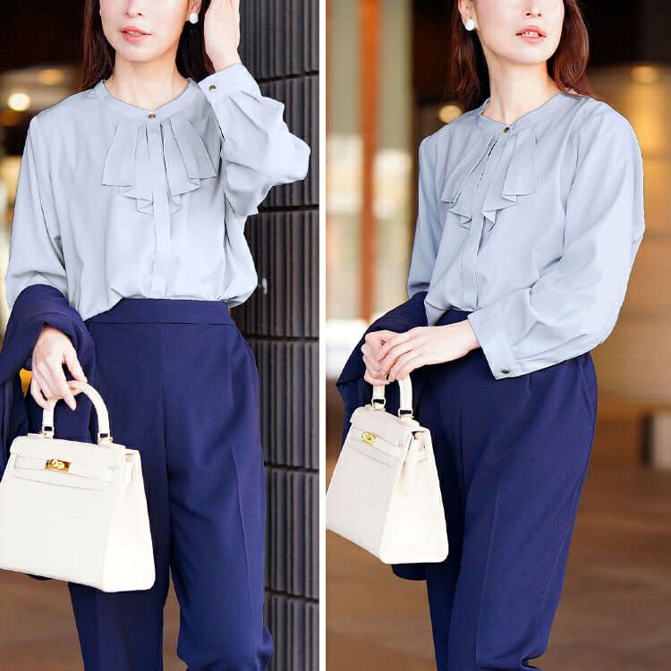 大きいサイズ レディース タックラッフルストレッチブラウス　cpdai-640715