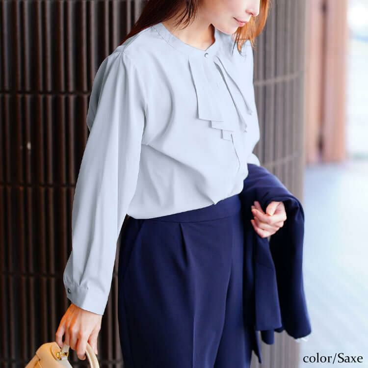 大きいサイズ レディース タックラッフルストレッチブラウス　cpdai-640715 サックス