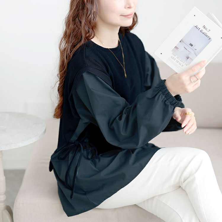 大きいサイズ レディース サイドリボンフェイクレイヤードチュニック　cpdai-659523 【メール便可】