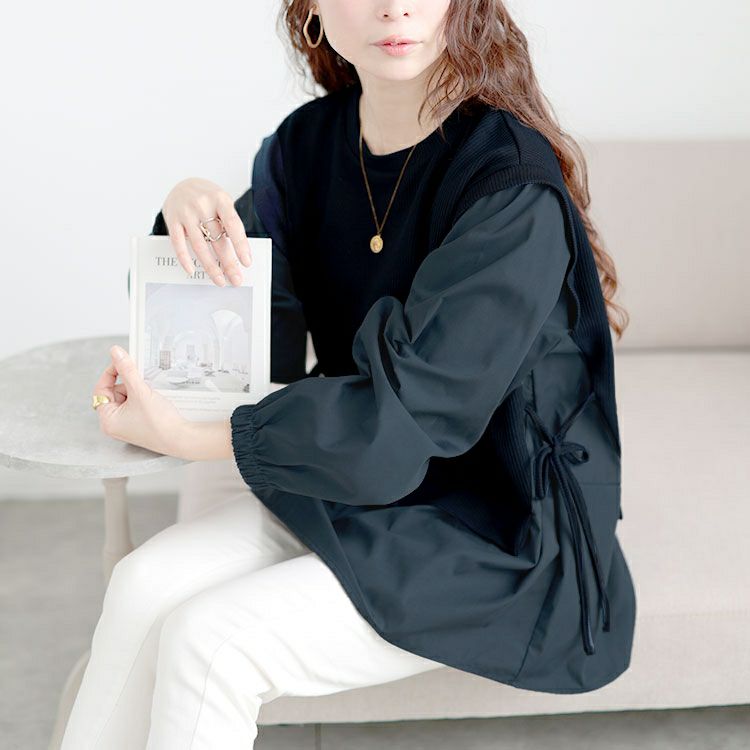 大きいサイズ レディース サイドリボンフェイクレイヤードチュニック　cpdai-659523 【メール便可】