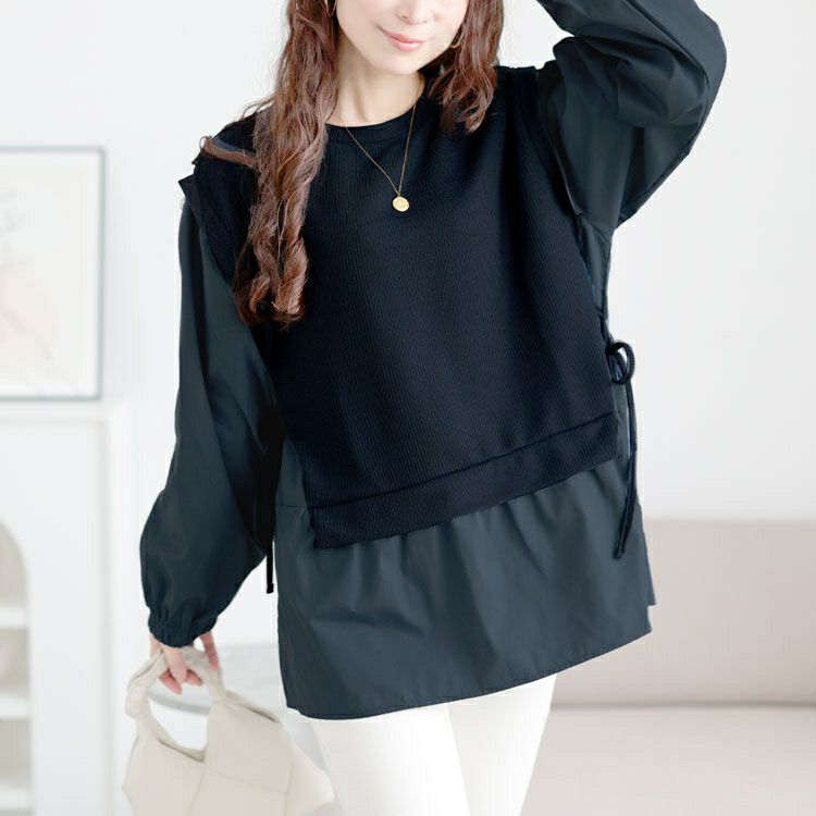 大きいサイズ レディース サイドリボンフェイクレイヤードチュニック　cpdai-659523 【メール便可】