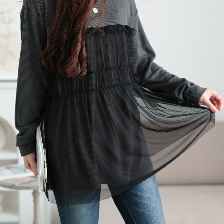 大きいサイズ レディース チュールレイヤードワッフルプルオーバー　cpdai-659527 【メール便可】