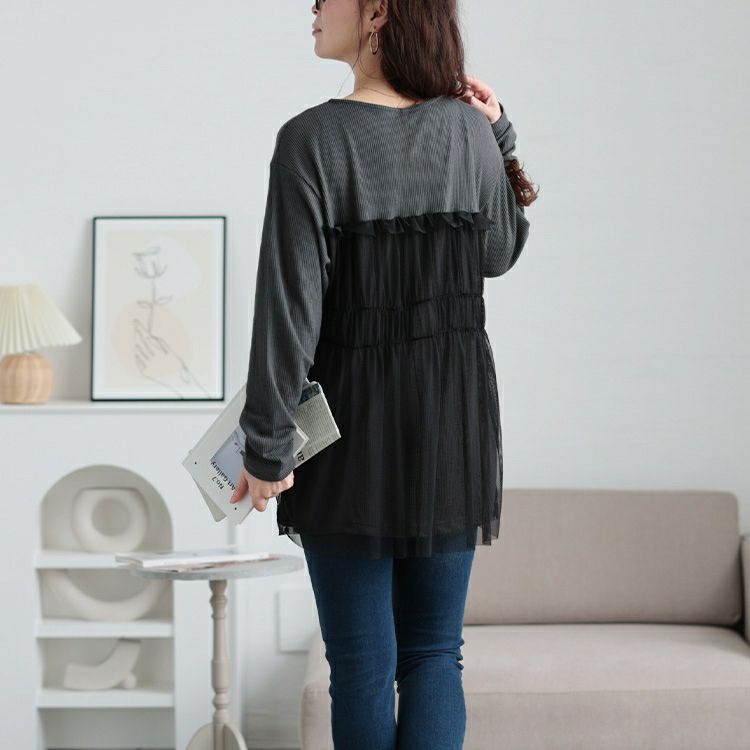 大きいサイズ レディース チュールレイヤードワッフルプルオーバー　cpdai-659527 【メール便可】