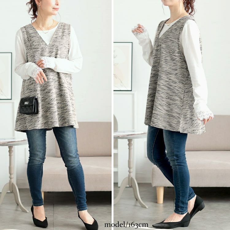 大きいサイズ レディース 深Vネックカットツイードフレアベスト　cpdai-659591