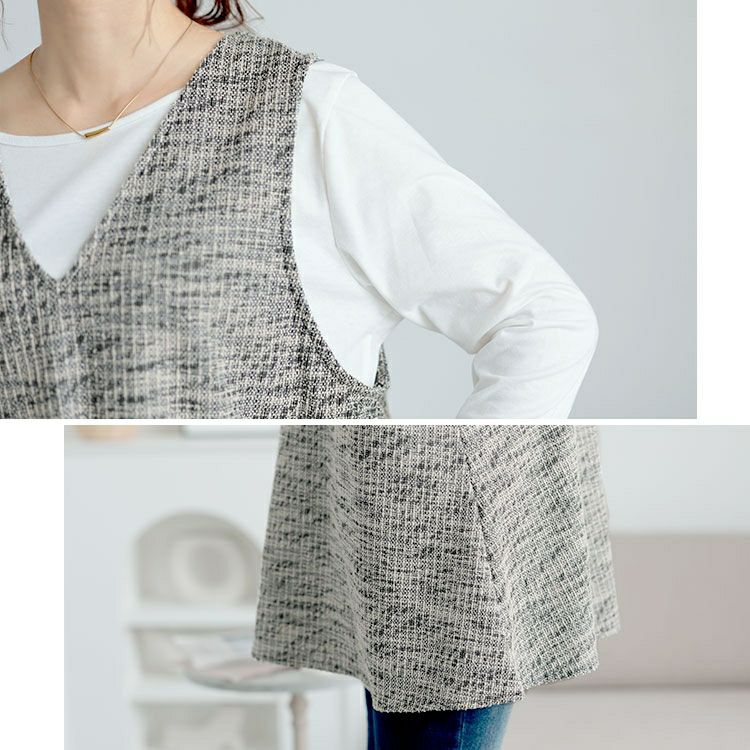 大きいサイズ レディース 深Vネックカットツイードフレアベスト　cpdai-659591