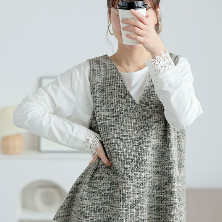 大きいサイズ レディース 深Vネックカットツイードフレアベスト　cpdai-659591