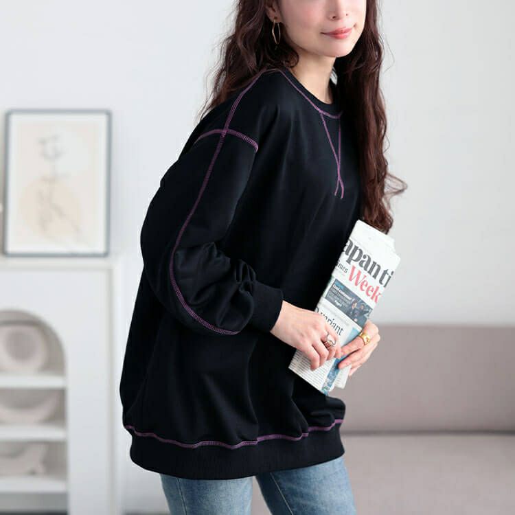 大きいサイズ レディース 配色ステッチワイドプルオーバー　maru-30105