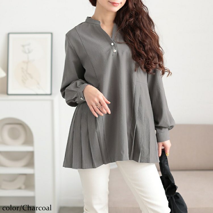 大きいサイズ レディース プリーツ切り替えキーネックチュニック　maru-30107