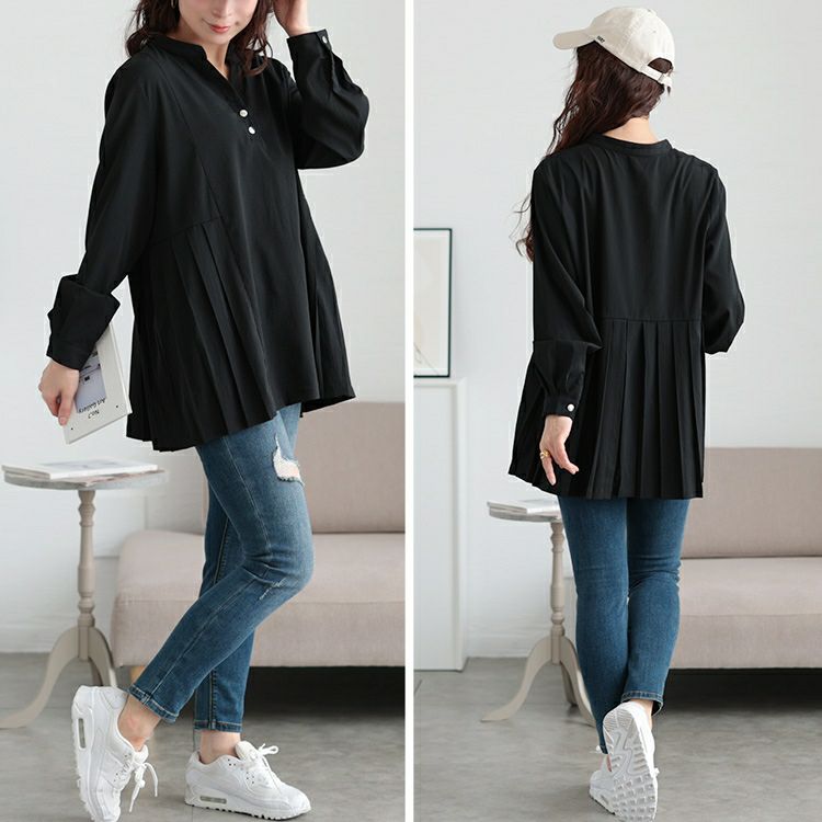 大きいサイズ レディース プリーツ切り替えキーネックチュニック　maru-30107