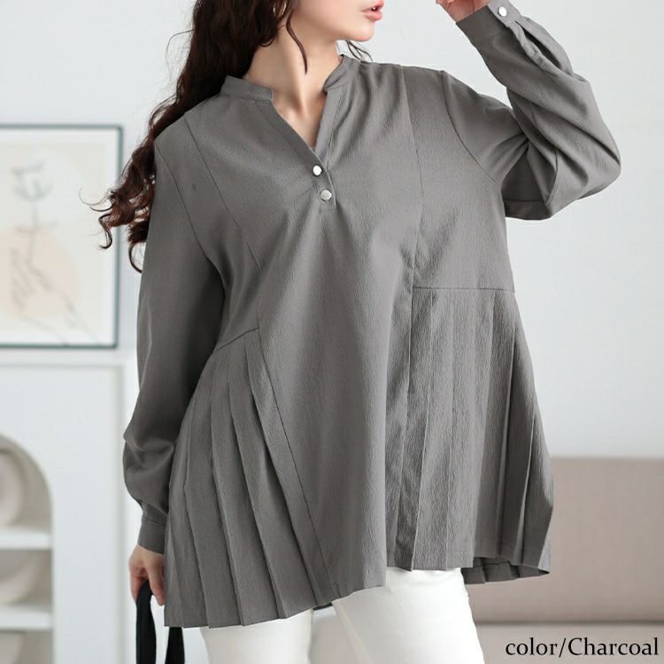 大きいサイズ レディース プリーツ切り替えキーネックチュニック　maru-30107