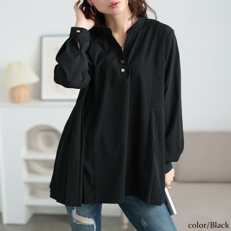 大きいサイズ レディース プリーツ切り替えキーネックチュニック　maru-30107 ブラック