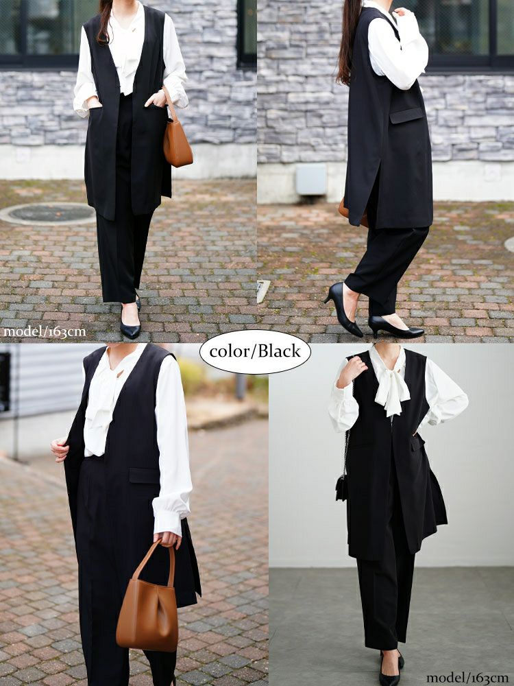 大きいサイズ レディース ロングベスト＆ボウタイブラウス＆テーパードパンツスーツ3点セット　mnst-552205