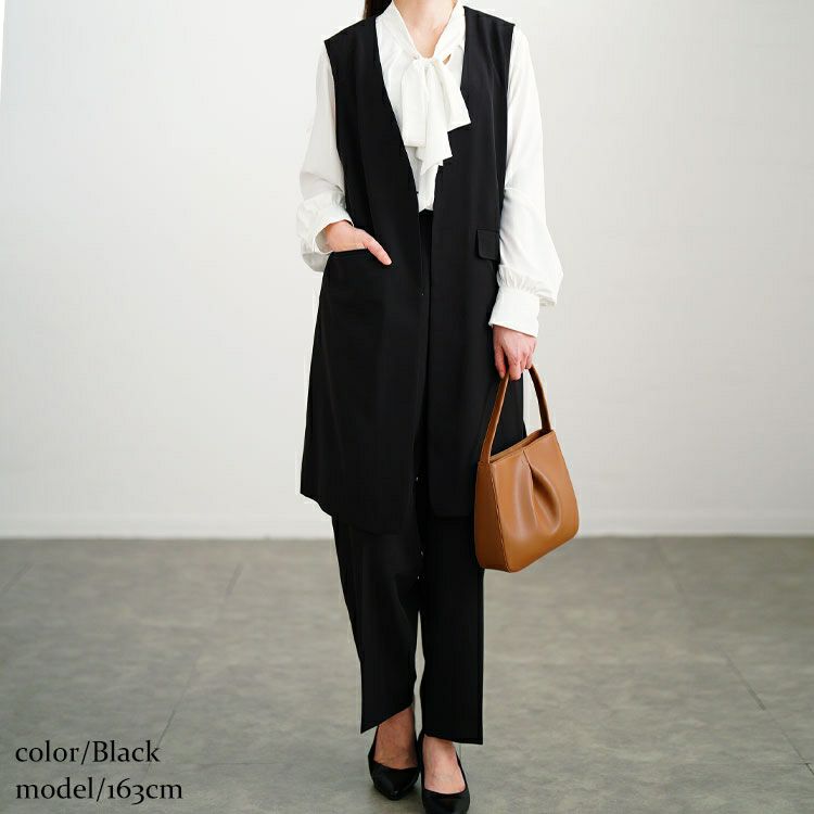 大きいサイズ レディース ロングベスト＆ボウタイブラウス＆テーパードパンツスーツ3点セット　mnst-552205