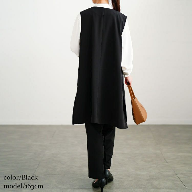 大きいサイズ レディース ロングベスト＆ボウタイブラウス＆テーパードパンツスーツ3点セット　mnst-552205