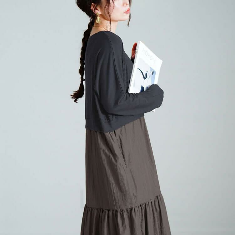 大きいサイズ レディース ハートネック切り替えティアードワンピース　sw-0691 チャコール