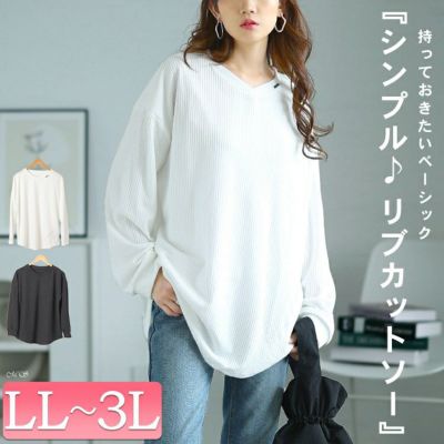 大きいサイズ レディース ラウンド裾Vネックリブカットソー　goldy-1654