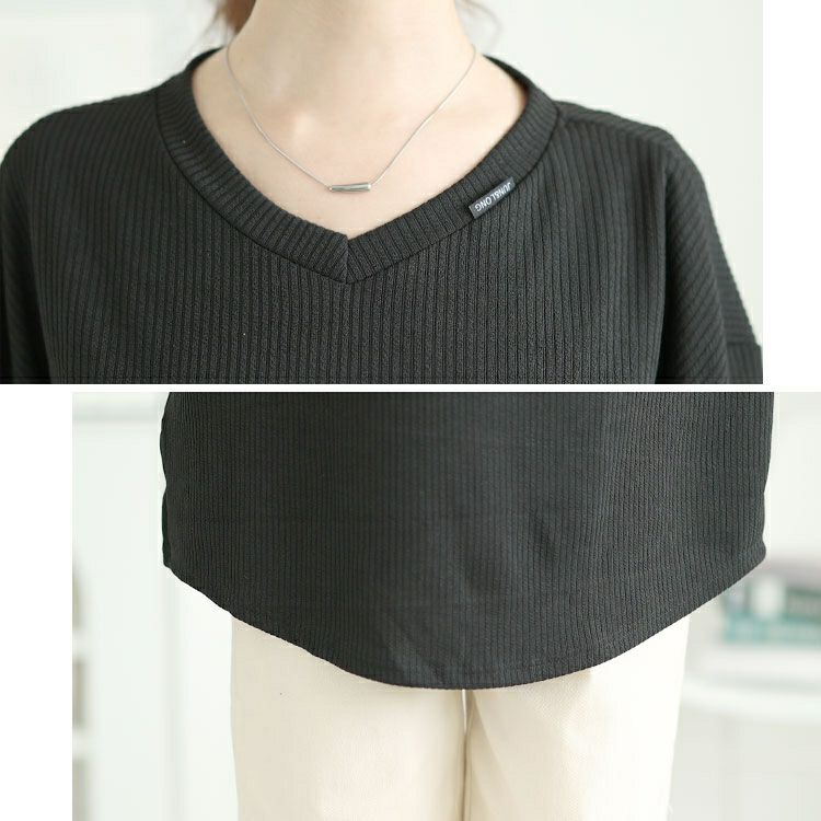 大きいサイズ レディース ラウンド裾Vネックリブカットソー　goldy-1654