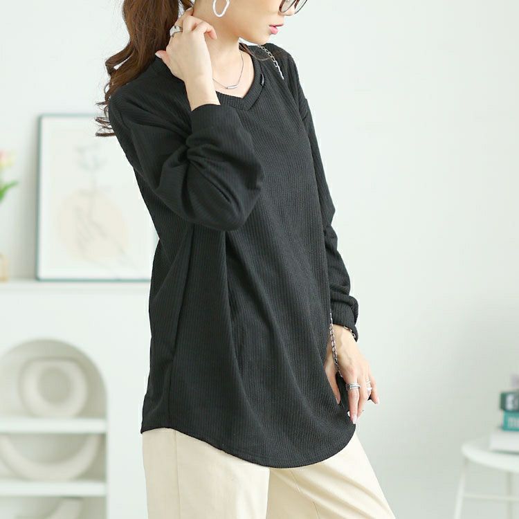 大きいサイズ レディース ラウンド裾Vネックリブカットソー　goldy-1654