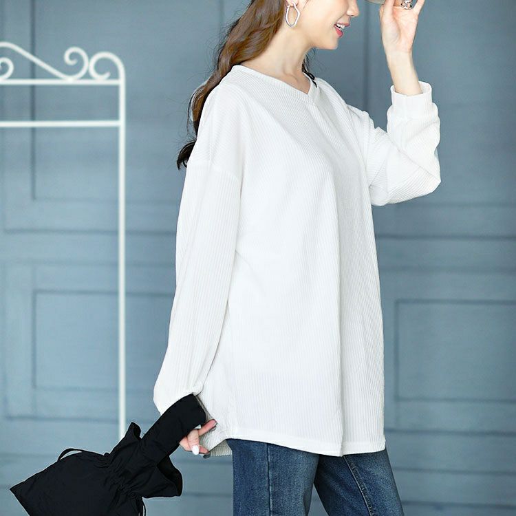 大きいサイズ レディース ラウンド裾Vネックリブカットソー　goldy-1654