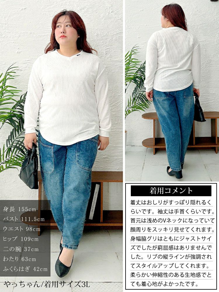 大きいサイズ レディース ラウンド裾Vネックリブカットソー　goldy-1654