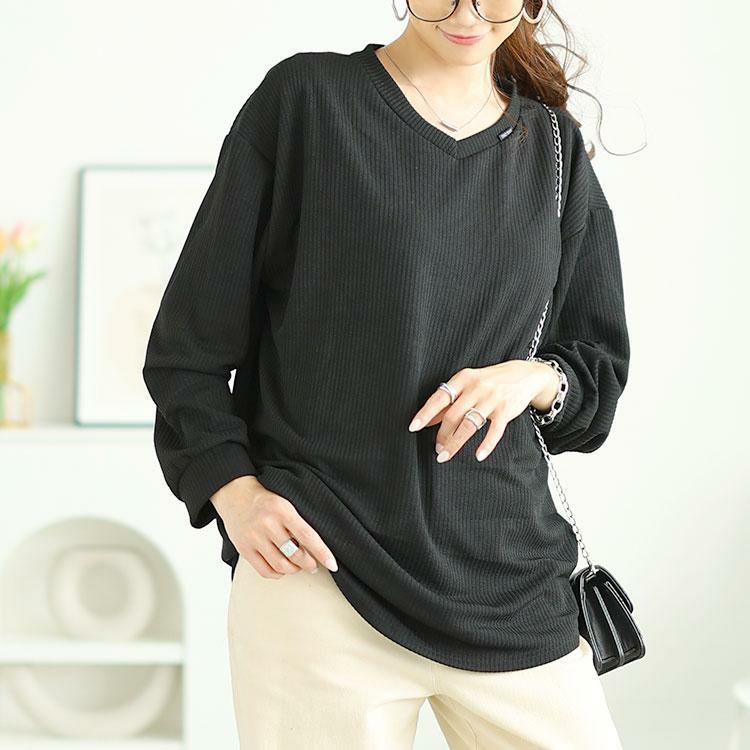 大きいサイズ レディース ラウンド裾Vネックリブカットソー　goldy-1654 ブラック
