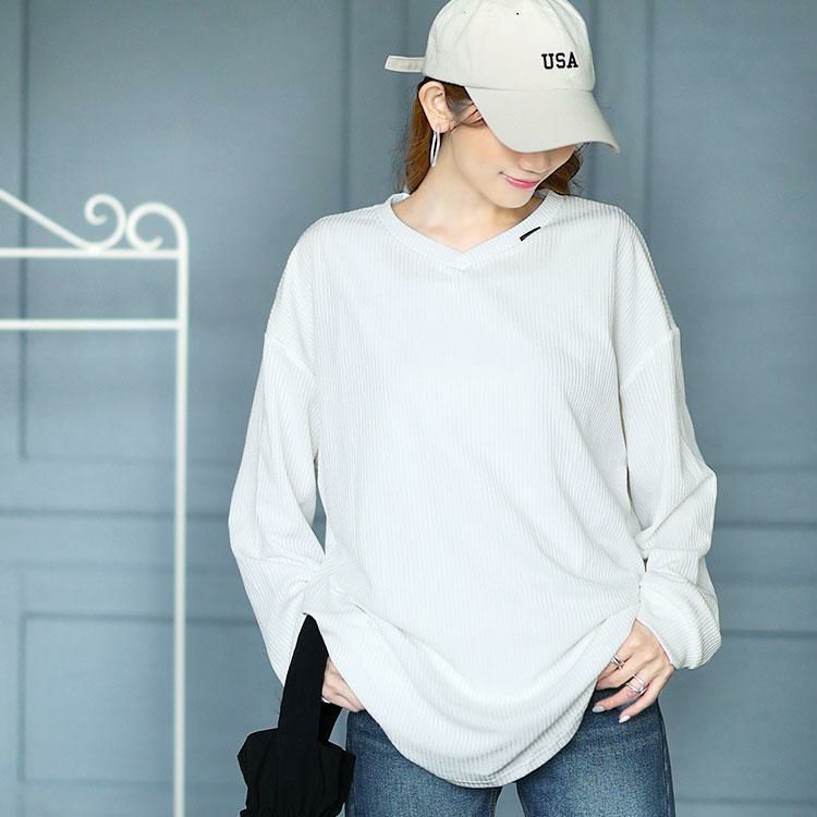 大きいサイズ レディース ラウンド裾Vネックリブカットソー　goldy-1654 ホワイト