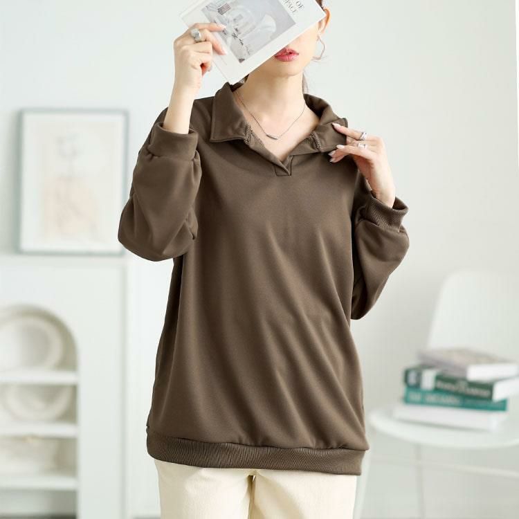 大きいサイズ レディース スキッパー襟オーバーサイズスウェット　goldy-1652 ブラウン