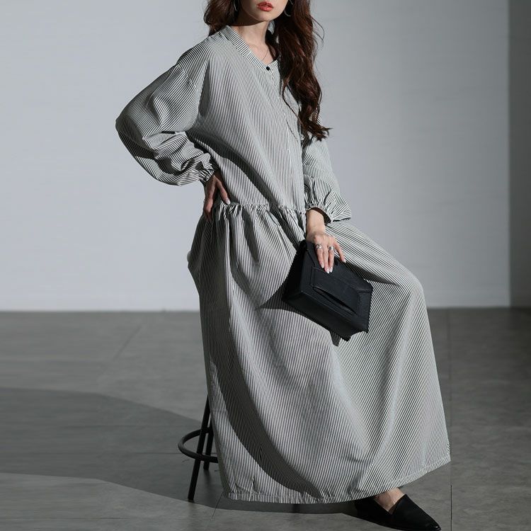 大きいサイズ レディース ストライプギャザーフレアワンピース　maru-30129