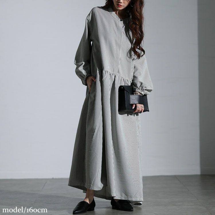 大きいサイズ レディース ストライプギャザーフレアワンピース　maru-30129