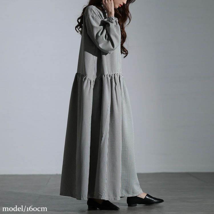 大きいサイズ レディース ストライプギャザーフレアワンピース　maru-30129