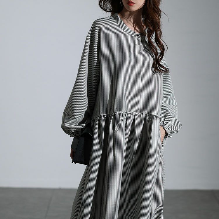 大きいサイズ レディース ストライプギャザーフレアワンピース　maru-30129