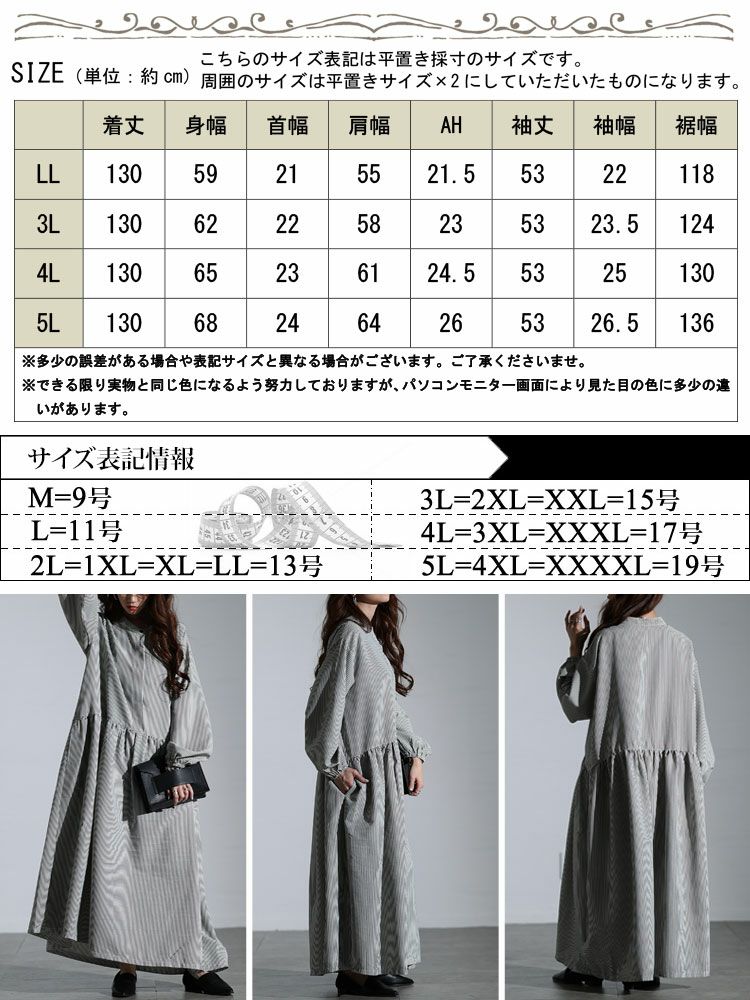 大きいサイズ レディース ストライプギャザーフレアワンピース　maru-30129